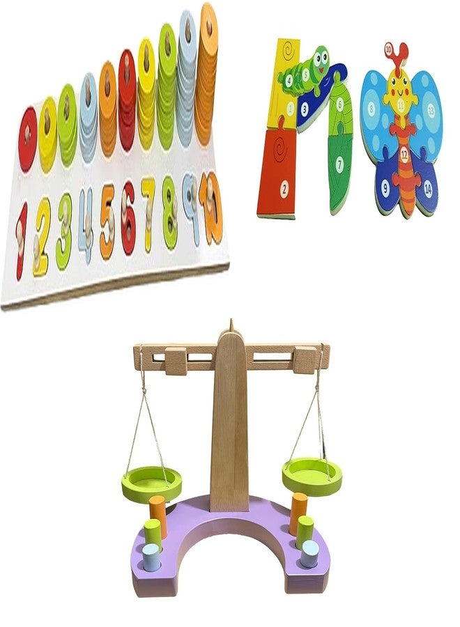 Kinder Creative Peg Number Ring Counting Set,Butterfly Life Cycle Puzzle,Wooden Weighing Scale for Kids, Educational Puzzle and Toys for Kids Pack of 3 - Image 1